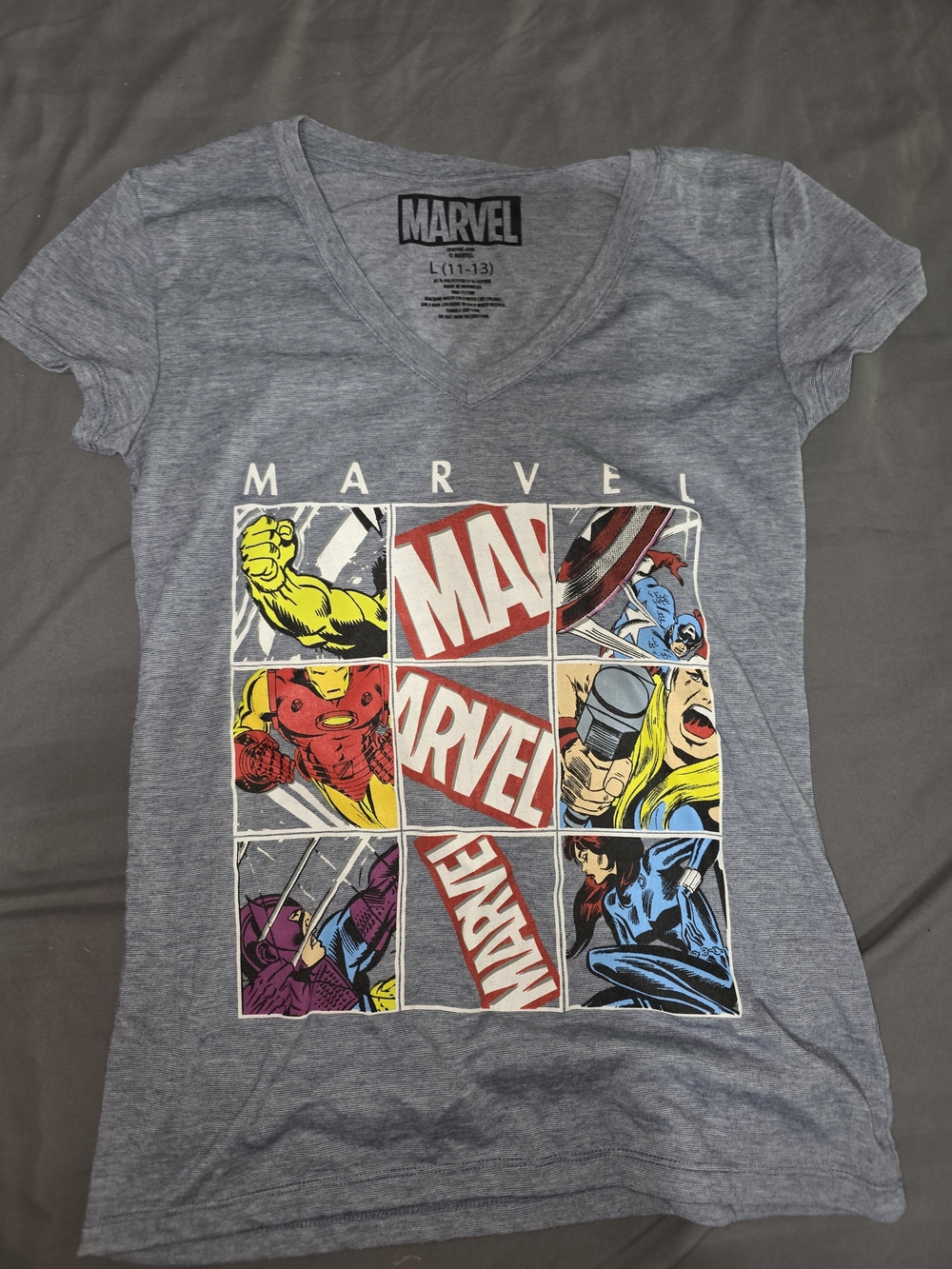 Marvel Women's Gray Superhero Graphic Tee - Multicolor Comic Panels